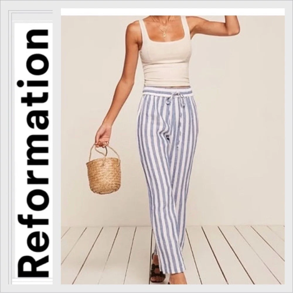 Reformation pull on drawstring Linen striped Pants S made in USA